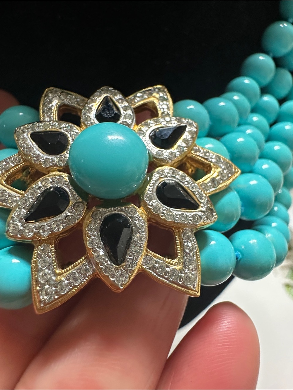 Turquoise Multi-Strand Beaded Necklace with Floral Crystal Accent - Picture 2 of 9